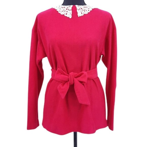 VTG 60s 70s Dark Pink Felted Crochet Lace Collar Long Sleeve Top M Tie Belt - Picture 2 of 12